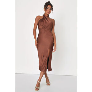 Lulus Beyond Classy Brown Satin Halter Midi Dress - Size XS